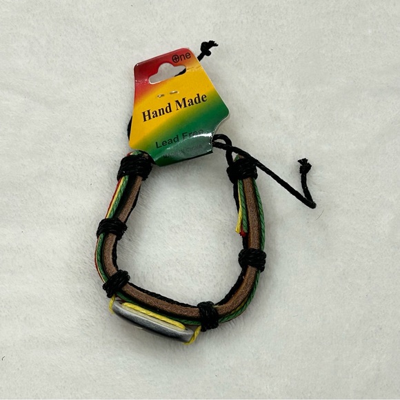 Weed Leaf Stone Rasta Colored Leather Adjustable Wristband Bracelet Anklet OSFM - Picture 3 of 5